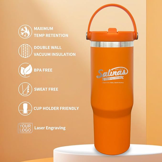 30 oz Tumbler with Handle, Double Wall Vacuum Insulated Tumblers with Flip Straw, Coffee Mug 30oz Powder Coated Cup for Hot and Cold Drinks(Orange,4 pack) - Bloomnest