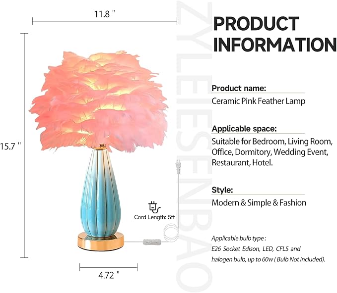 Pink Feather Table Lamp Creative Bedside Feather Lamp Simple Goose Furry Nightstand Light Fluffy Desk Lighting for Girl Bedroom Living Room Decoration Wedding Romantic Atmosphere - Bloomnest