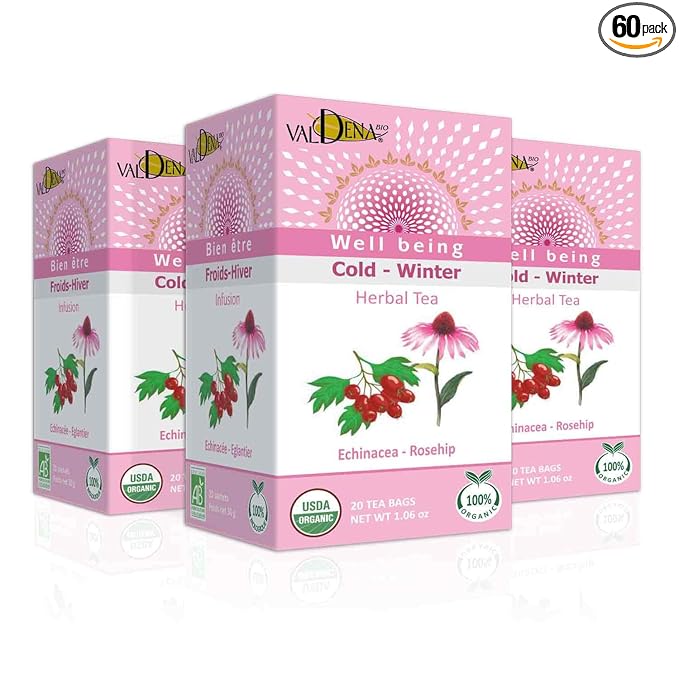 Valdena Bio Organic Echinacea Rosehip Herbal Tea Infusion (Pack of 3, total of 60 individually wrapped Tea Bags) Immunity boost, Immune support, Wellness tea, Kosher, Non-GMO - Bloomnest