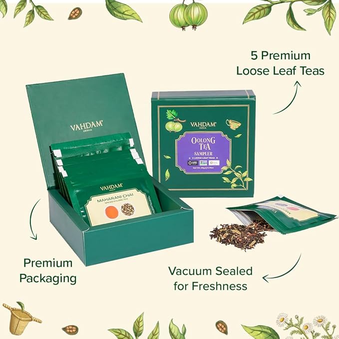 VAHDAM Assorted Oolong Tea Sampler Gift Set (5 Flavors) – Gluten-Free, Non-GMO | 5 Unblended Loose Leaf Teas | Tea Variety Pack | Gift for Women & Men - Bloomnest