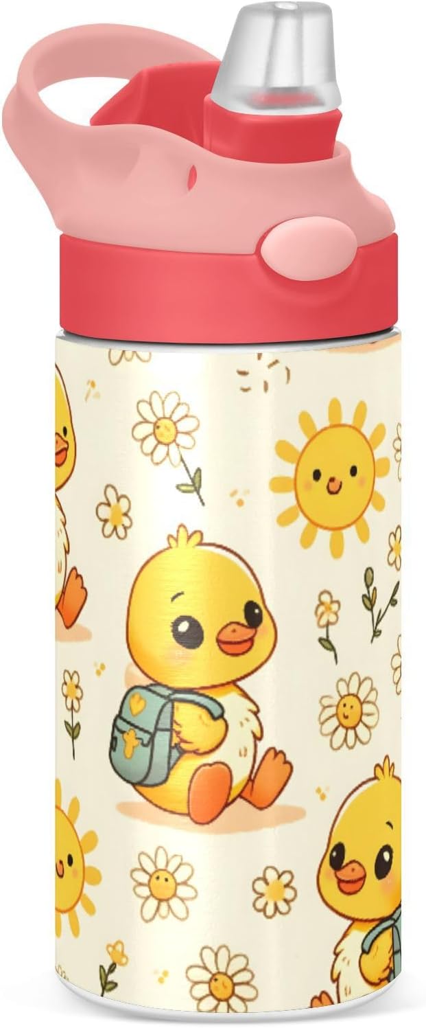 Little Yellow Duck Flower Kids Insulated Water Bottle, Toddlers Tumbler Travel Cup with Straw & Handle Stainless Steel Cup for Travel School Girls 12 oz - Bloomnest