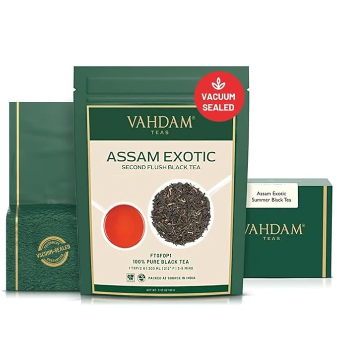 VAHDAM, Fresh Harvest Assam Tea Leaves with Golden Tips, 3.53oz (50 Cups) Strong, Malty & Rich - Exotic Assam Tea Loose Leaf | Pure Assam Black Tea | English Breakfast Tea - Bloomnest