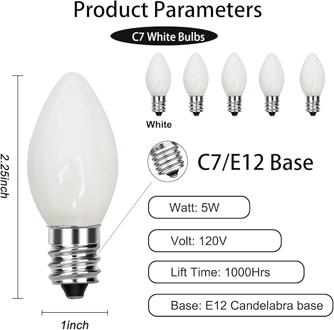 GOOTHY 25 Pack C7 White Replacement Bulbs, Ceramic C7 Incandescent Light Bulbs for Christmas Outdoor Patio Indoor String Lights, C7/E12 Candelabra Base, 5 Watt Night Light Bulbs- White - Bloomnest