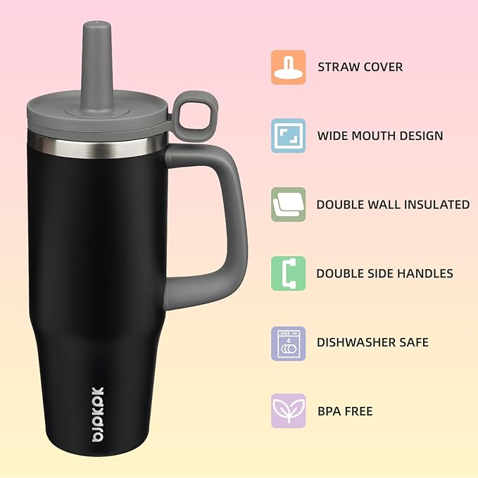 BJPKPK 32oz Stainless Steel Insulated Tumbler with Handle and Straw Travel Coffee Mug Thermal Cups with Lid,Black - Bloomnest
