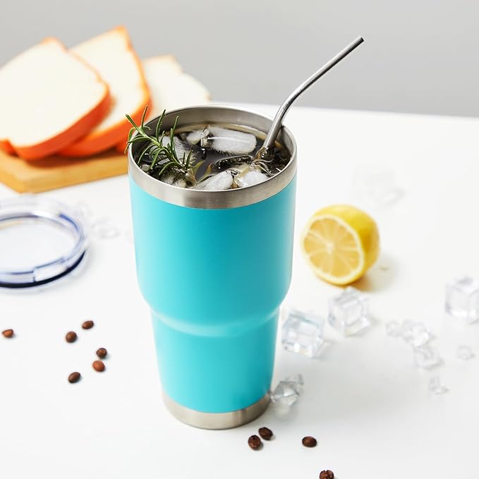 MEWAY 30oz Insulated Tumbler With Lids and Straws,Stainless Steel Double Vacuum Coffee Tumbler Cup, Brush, Durable Powder Coated Coffee Cup for Cold & Hot Drinks, Office, Travel(Light Blue,4 PACK) - Bloomnest