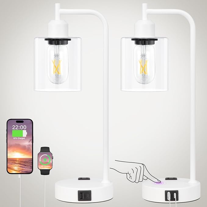 Innqoo Industrial White Table Lamps for Bedrooms Set of 2-3-Way Dimmable Desk Lamp with USB C+A Ports and Outlet, White Lamps with Clear Glass Shade for Living Room - Bloomnest