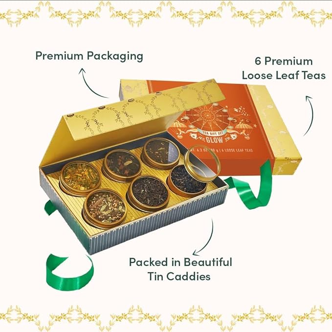 VAHDAM, GLOW - Assorted Christmas Tea Gift Sets (6 Loose Leaf Tea) Tin Caddy Presentation Box | Gluten Free, Non GMO | Holiday Gifts for Everyone - Bloomnest