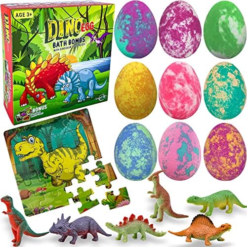Bath Bombs for Kids with Surprise Toys Inside Plus Dinosaur Puzzle - Set of 9 Organic Dino Egg Bath Bombs with Rich Bubbles, Stocking Stuffers Christmas Gifts for Kids - Bloomnest