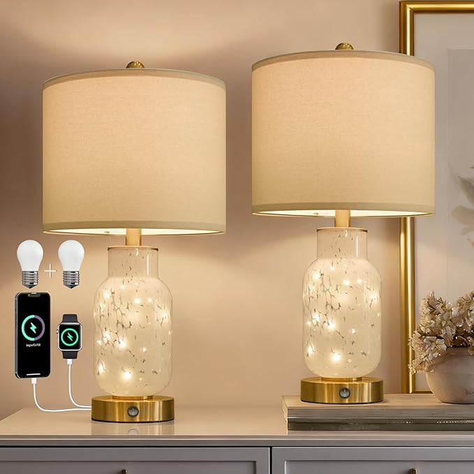 Oneach 22" Glass Table Lamps Set of 2, White Modern Bedside Lamp with LED Night Light for Living Room, Nightstand Lamp with USB Ports for Bedrooms, Study Room, End Table(2 Bulbs Included) - Bloomnest