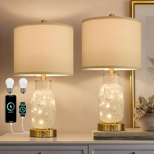 Oneach 22" Glass Table Lamps Set of 2, White Modern Bedside Lamp with LED Night Light for Living Room, Nightstand Lamp with USB Ports for Bedrooms, Study Room, End Table(2 Bulbs Included) - Bloomnest
