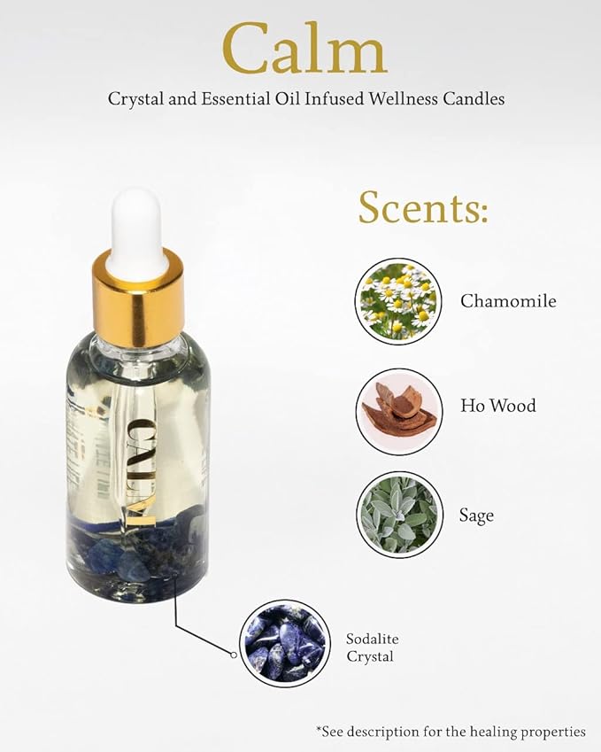 Crystal Infused Essential Oil Vial, 1 Oz, Calm - Sodalite Crystal Infused - Scents of Chamomile, Howood, & Sage - Aromatherapy Oils, Massage, Relaxing, Stress Relief