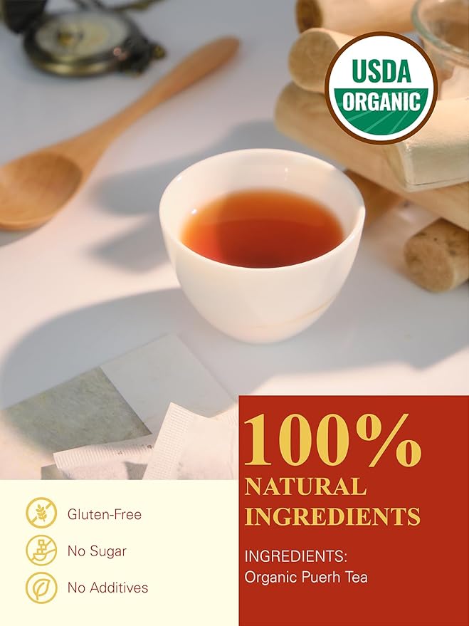 GLDNT Organic Pu-erh Tea Bags, Fermented Yunnan Dark Tea, Bold & Mellow Flavor, Caffeinated, 100 Count - Bloomnest