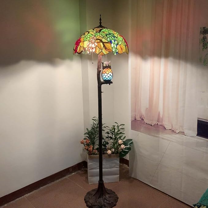 Bieye L10766 Grapes Tiffany Style Stained Glass Double-Lit Floor Lamp with Owl Night Light, 18" Wx65 H - Bloomnest