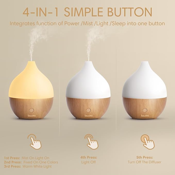 SALKING Essential Oil Diffuser, 100ml Small Aromatherapy Diffuser with Auto Shut-Off Function, Ultrasonic Diffusers for Essential Oils, Cool Mist Humidifier with Warm White Lights, for Office Home - Bloomnest