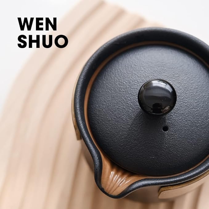 Chinese Tea Set, Ceramic Tea Cup Set, Wood Handle Tea Pot, Black Glaze, with Tea Caddy and Portable Bag