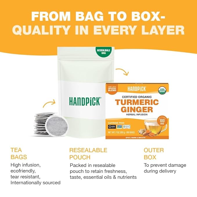 HANDPICK, Organic Turmeric Ginger Tea (100 Tea Bags) | Indian Origin | Caffeine Free, Gluten Free, Non-GMO | Savory & Spicy I Ecofriendly round tea bags - Bloomnest