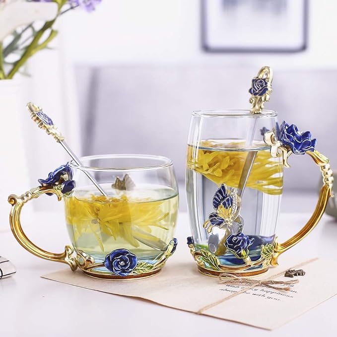 Luka Tech Enamels Butterfly flower Lead-free Glass Coffee Mugs Tea Cup with Steel Spoon, personalised Gifts For Women Wife Mom Friends Birthday Mothers Valentines Day Wedding (Blue) - Bloomnest