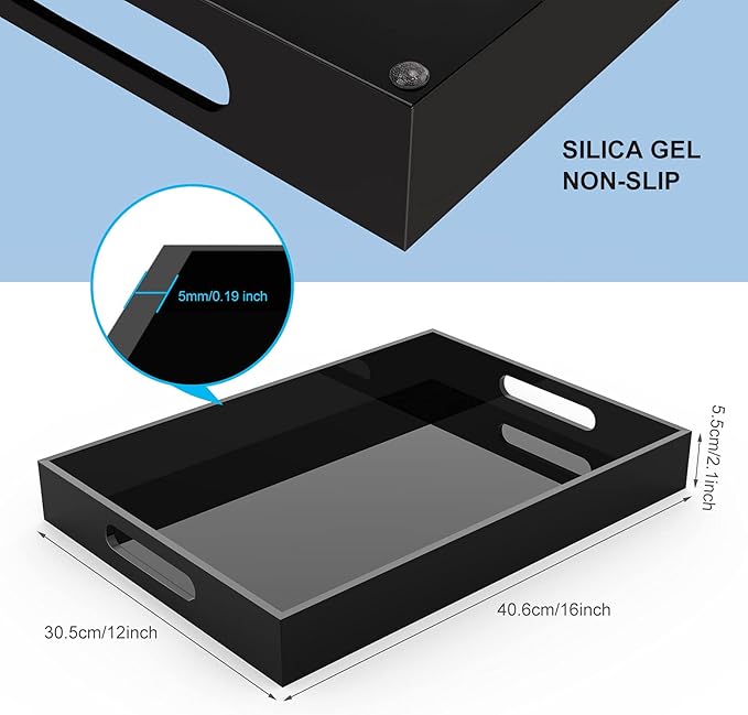 Acrylic Serving Trays with Handles, 16"x 12" Rectangle Sturdy Breakfast Tray, Black Decorative Trays Organiser for Bedroom, Kitchen, Living Room, Bathroom, Hospital and Outdoors - Bloomnest