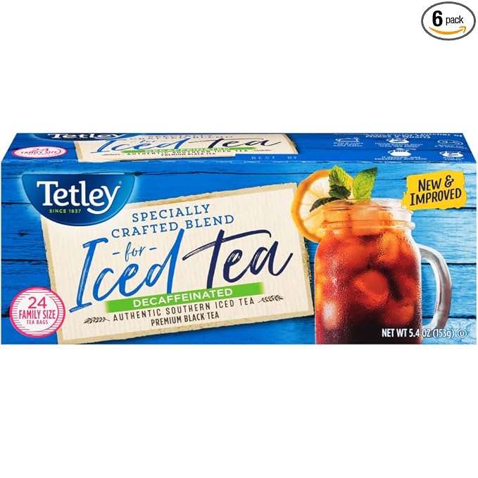 Tetley Black Tea, Decaffeinated Iced Tea Blend, Family Size, 24 Teabags (Pack of 6) - Packaging May Vary - Bloomnest