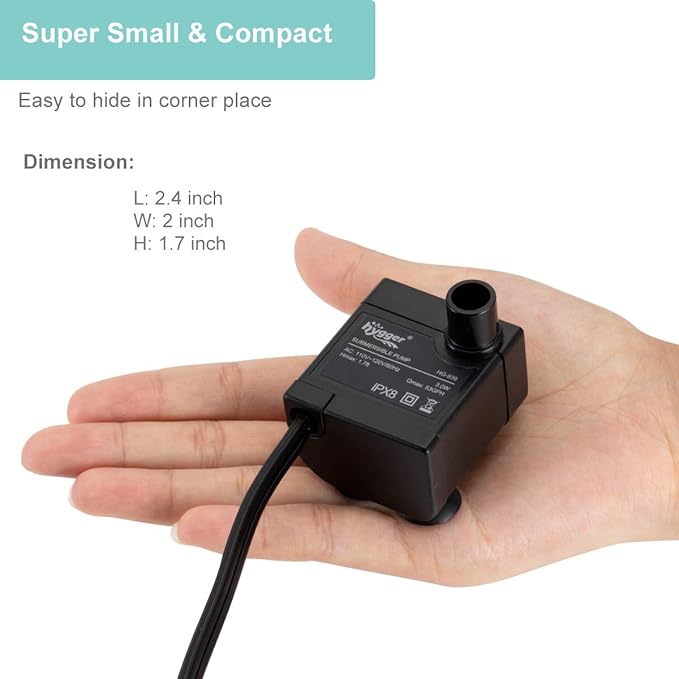 hygger Ultra Quiet 53GPH (200L/H, 3W) Submersible Mini Water Pump Comes with 2 Nozzles, for Aquariums, Fish Tank, Fountain, Hydroponics, Max Lift Height 1.7ft ,120V/60HZ, Power Cord 6ft - Bloomnest