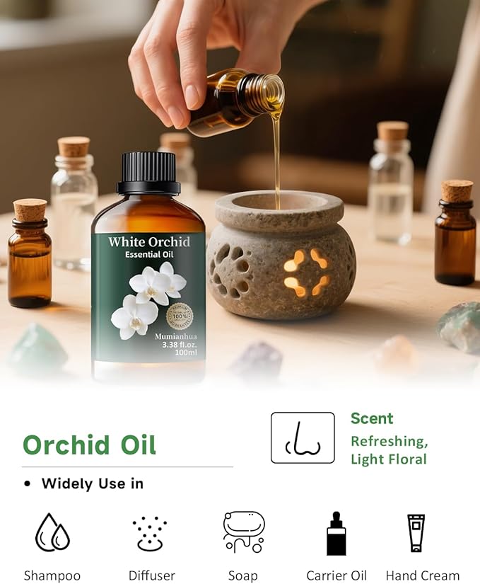 Mumianhua White Orchid Essential Oil Pure - Therapeutic Grade Aromatherapy Oil for Skin Care, Diffuser & Candle Making 100ml 3.38 Oz w/Dropper - Bloomnest