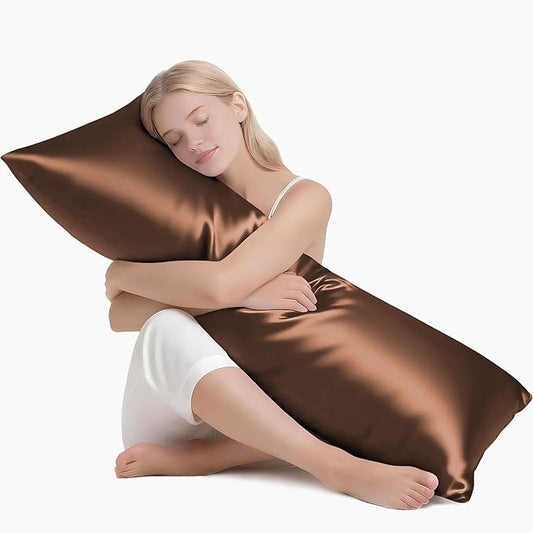 MR&HM Satin Body Pillow Cover, Soft and Breathable Body Pillow Case with Envelope Closure, Cooling and Silky Long Pillowcase for Hair and Skin,Grey (20x54, Brown) - Bloomnest