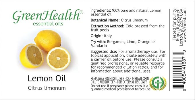Lemon Essential Oil – 2 fl oz (59 ml) Glass Bottle w/Cap – 100% Pure Essential Oil – GreenHealth
