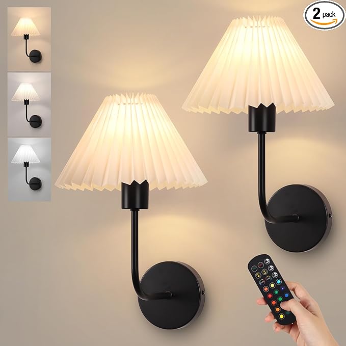 Rechargeable Battery Operated Wall Sconces Sets of 2, 15 Colors Wireless Wall Sconce, Black Wall Lights Fixture with Dimmable Bulbs and Remote, Not Hardwired Wall Mounted Lamps for Bedroom Living Room - Bloomnest