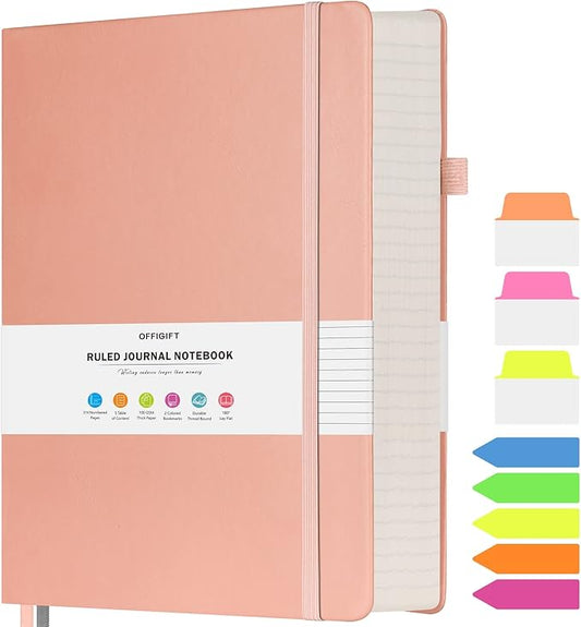 College Ruled Notebook, Large B5 Lined Journal Notebook, 314 Numbered Pages Work Notebook with Index Stickers, 100gsm Thick Paper, Hardcover Vegan Leather Journal for Women Men School Office, Pink - Bloomnest