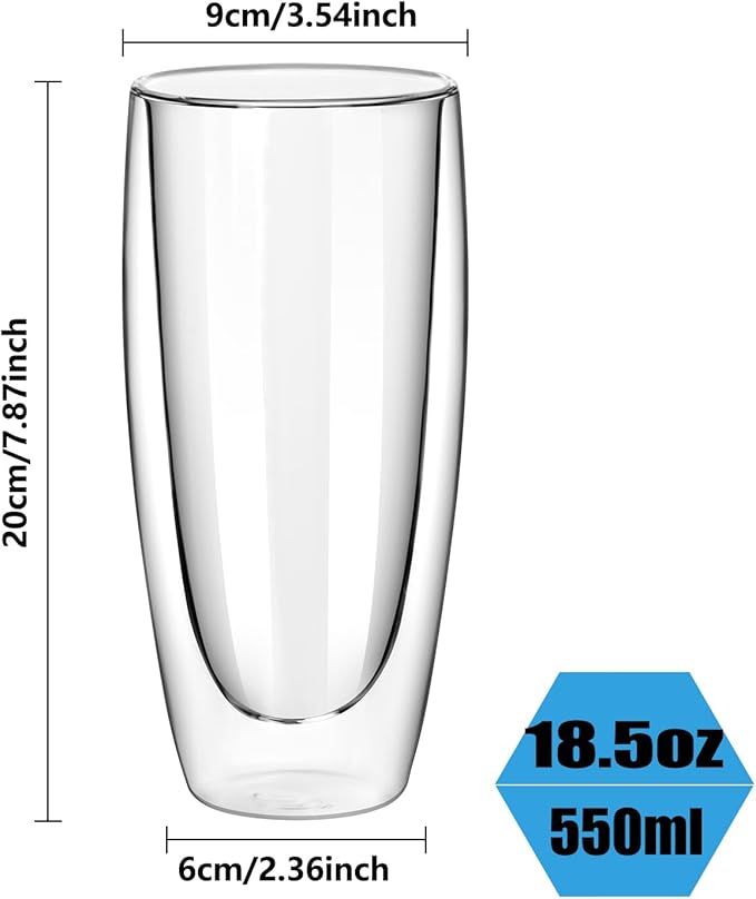 18.5oz Glass Coffee Mugs Set of 2, Double Walled Espresso Cups for Latte Cappuccino Cocoa Milk Cafe Juice, Clear Glass Tea Cup Set Glassware Gift for Christmas Birthday (18.5oz-2Pack) - Bloomnest
