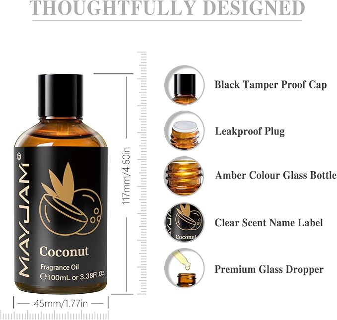 MAYJAM 100ML/3.38FL.OZ Coconut Fragrance Oils with Glass Dropper, Essential Oils for Diffusers for Home, Long Lasting Scented Oils for Diffusers Soap Candle Making - Bloomnest