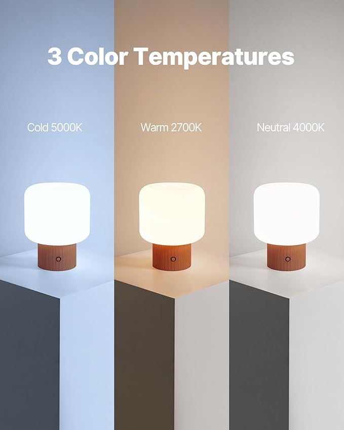 Halo Mushroom Lamp, 5W Cute Cordless Rechargeable Table Lamp with Glass Shade, 3-Color Dimmable Small Retro Touch Bedside Lamp for Bedroom Ambient Decor (Orange) - Bloomnest