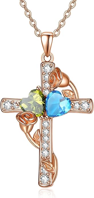 Rose Gold Dual Birthstones Cross Necklace for Women Rose Flower Jewelry Anniversary Christmas Mother's Valentine's Day Birthday Gift for Wife Girlfriend Mom - Bloomnest