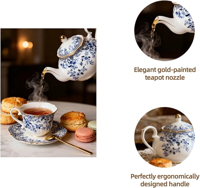 22oz Floral Ceramic Teapot – Vintage Gold Rim Porcelain Tea Pot for Loose Leaf, Blooming Tea & Coffee, Elegant Decorative Teapot for Tea Party, Flower Design (China Flower)