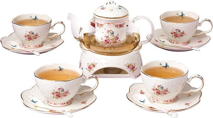 Jusalpha® Vintage Porcelain Flower Series Tea Sets, Tea Cup Saucer Set with Teapot Warmer- Filter and Spoon, 16pcs in 1 set (16pcs set) - Bloomnest