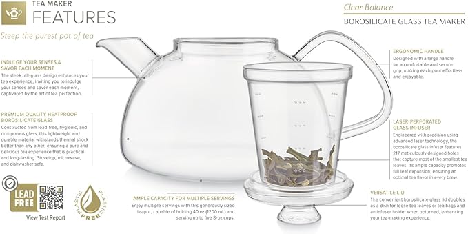 Teabloom Innovative Filtered Borosilicate Glass Teapot With Microdot Whole Leaf Tea Glass Infuser, 40 ounces – A Pure & Immersive Tea Experience – Tea Purist's Choice - Bloomnest