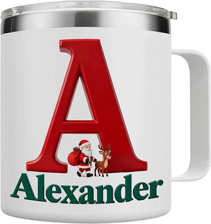 Personalized Christmas Insulated Mug w/Handle, Custom Initial Name, Santa Reindeer Design, Stainless Steel Tumbler, Hot/Cold Drinks, Unique Holiday Gift for Men, Women, Kids(B121) - Bloomnest