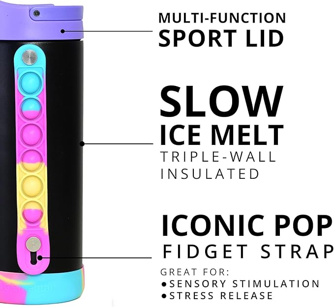 Elemental Iconic Kids Water Bottle for School - 100% Leak-Proof Insulated Water Bottles with Straw Lid & Pop-It Handle for Boys & Girls - Triple-Wall Insulated & BPA-Free, 14oz – Black Tie Dye - Bloomnest