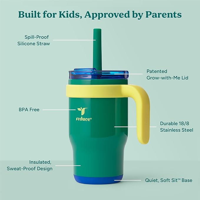 REDUCE 14 Oz Coldee Kids Tumbler with Lid and Straw - Coldee Insulated Travel Mug - Spill-Proof, Sweatproof Stainless Steel, BPA-Free - Includes Handle, Reusable Silicone Straw - Camp Green - Bloomnest