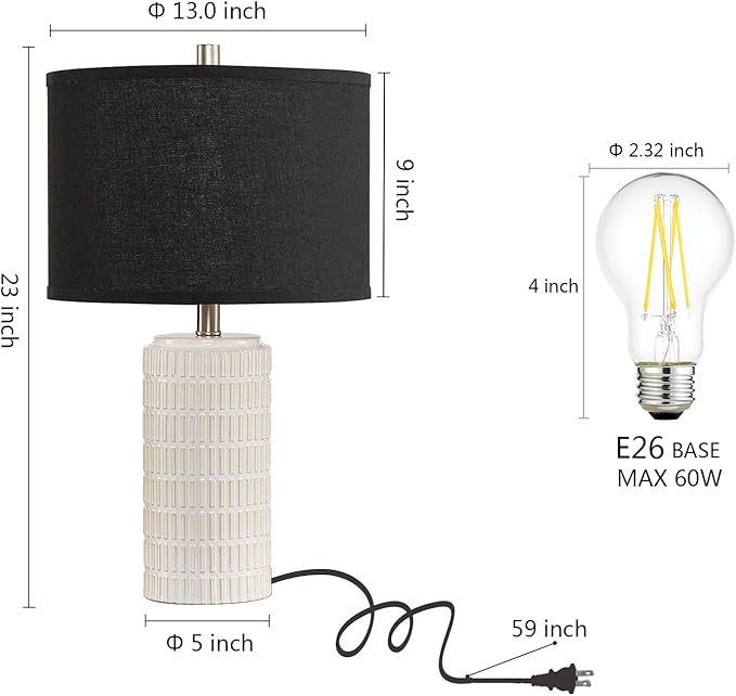 23'' Set of 2 Modern Ceramic Table Lamps, Minimalist Bedside Lamp, Rustic Nightstand End Table Lamp for Bedroom, Living Room, Study Room, Office, 2 LED Bulbs Included (Black) - Bloomnest