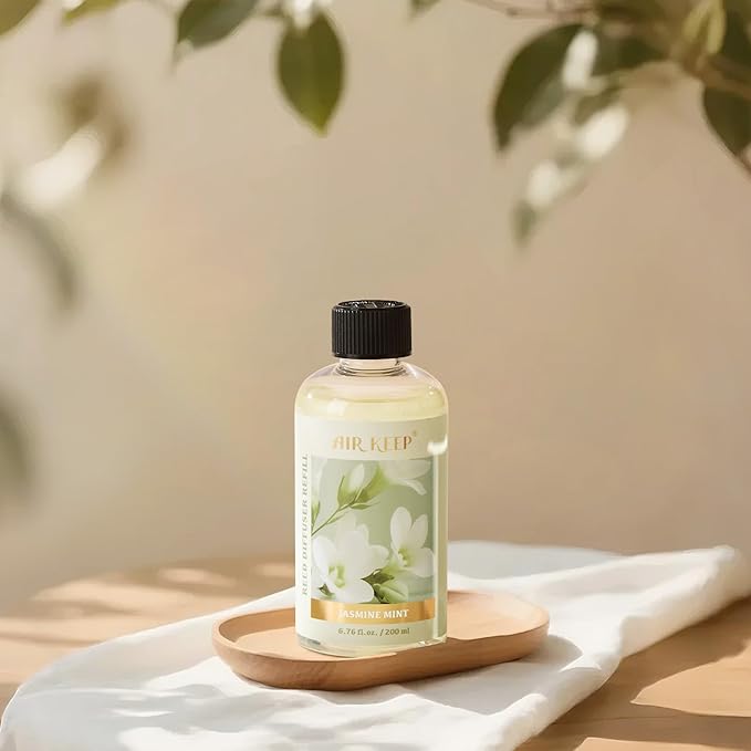 Airkeep Reed Diffuser Oil Refill with Diffuser Sticks, 6.76 Fl Oz(200ml) Jasmine Mint Scented Oils, Aroma Therapy, Home Fragrance & Air Freshener, Office Décor, Decoration - Bloomnest