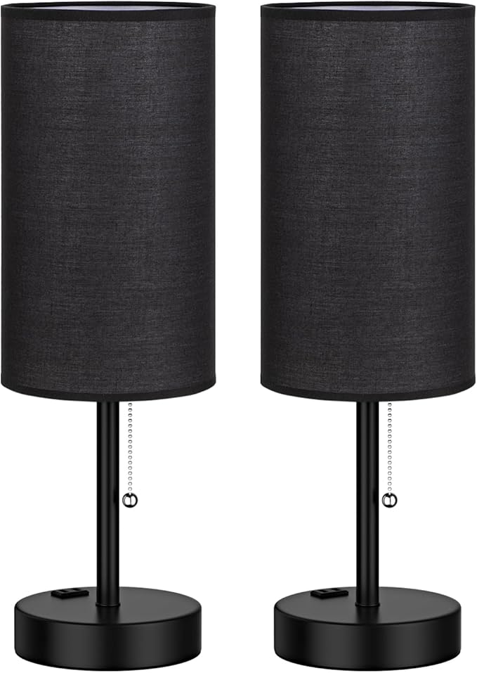 Fenmzee Large Black Bedside Lamps Set of 2-3 Color Temperatures Pull Chain Lamp with AC Outlet Charging Port, Two Round Night Stand Lamps for Bedroom Guest Room Office, Bed Side Light - Bloomnest