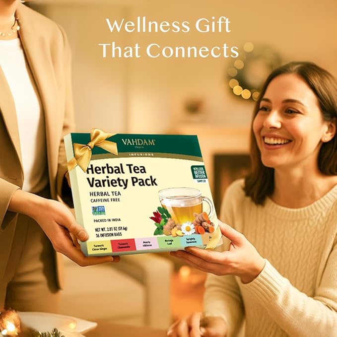 VAHDAM, Assorted Herbal Tea Gift Set (36 Tea Bags, 6 Flavors) Caffeine-Free, Non-GMO | Double Infusion, Individually Enveloped Tea Bags | Herbal Tea variety Pack | Valentines Day Gifts for Him & Her - Bloomnest