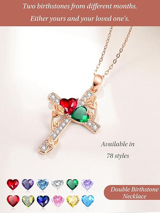 Rose Gold Dual Birthstones Cross Necklace for Women Rose Flower Jewelry Anniversary Christmas Mother's Valentine's Day Birthday Gift for Wife Girlfriend Mom - Bloomnest