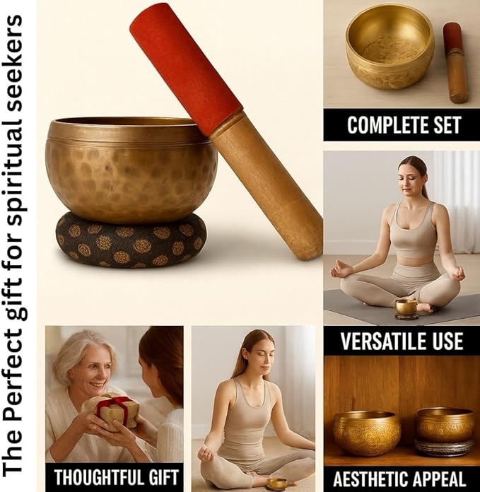 Tibetan Singing Bowl Set 4"- Sound Healing Meditation with Mallet & Cushion| Spiritual Gift for Women and Men Handmade Yoga Accessories GUAAFA