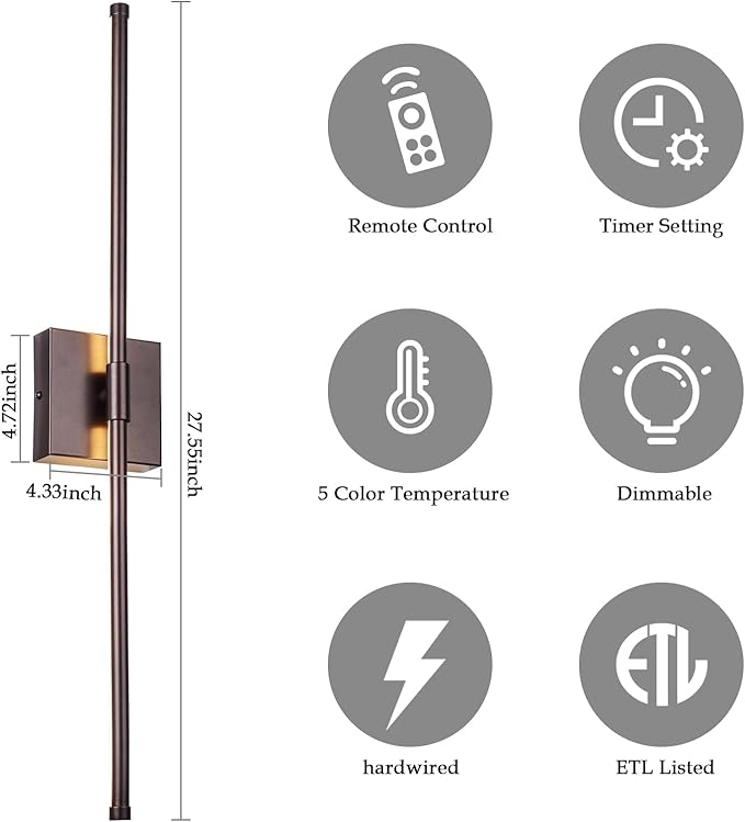 LED Wall Sconces with Remote Control, Dimmable Wall Sconces Set of Two, 5 Colors 3000K-6500K & Dimmable, Hardwire Wall Light with Timer & Night Light, LED Wall Lamps for Living Room, Bedroom, Bronze - Bloomnest