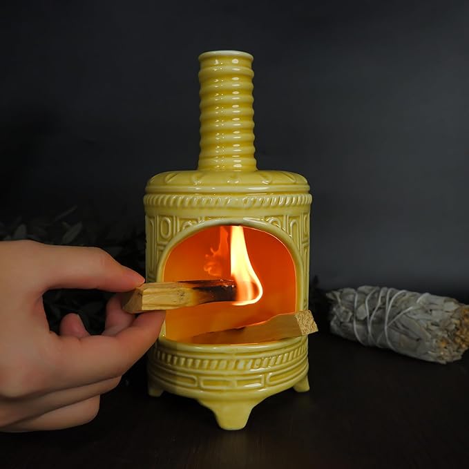 Yellow Ceramic Palo Santo Burner Holder - Purpose for Palo Santo Sticks, Sage Smudge Sticks & Incense Cones Burning – Ideal for Energy Cleansing, Yoga, Meditation & with Unique Chimney Design - Bloomnest