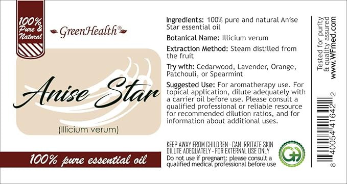 GreenHealth Anise Star Essential Oil – 2 fl oz (59 ml) | 100% Pure & Undiluted | Amber Glass Bottle with Cap | Licorice-Like Scent for Aromatherapy, Diffuser, DIY Crafts, Home Fragrance