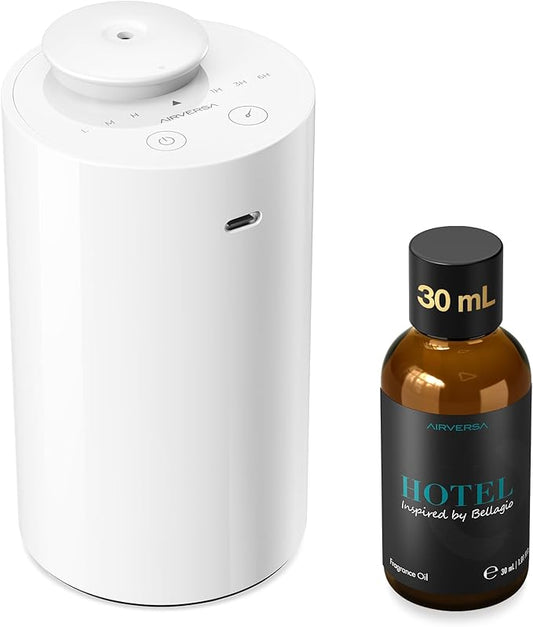 Airversa Waterless Essential Oil Diffuser Starter Kit with 30mL Hotel Fragrance Oil Inspired by Blagio, Battery Operated Car Diffuser, Portable Aroma Nebulizer for Home Car Office, AN6Kit-4, White - Bloomnest