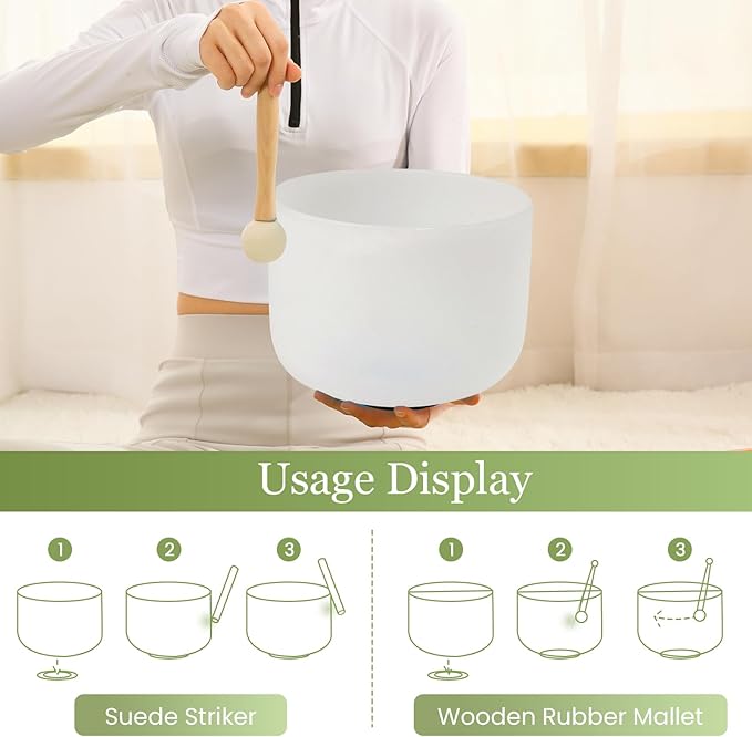 432HZ 10 Inchs Frosted Crystal Singing Bowl Set for Meditation Healing Yoga Chakra Quartz Crystal Sound Bowls with Heavy Duty Carry Case and Rubber Mallet,Suede Striker,O-rings - Bloomnest